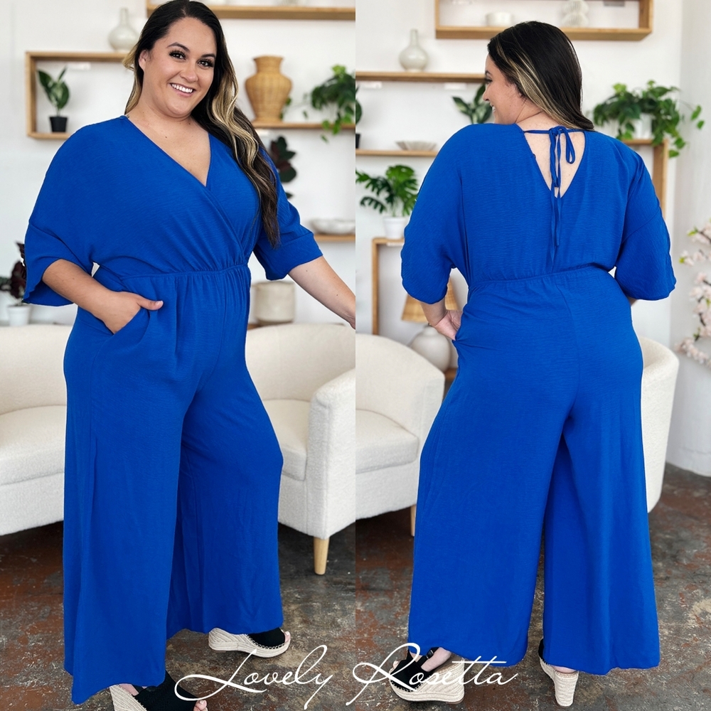 Blue Wide-Leg Surplice Jumpsuit - Picture 3 of 15